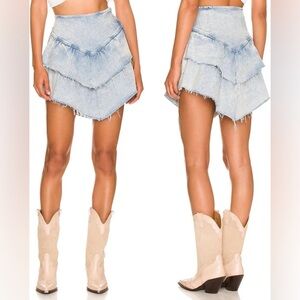 MOTHER The Ruffle Mini Raw Edge Denim Skirt Action Shot Wash